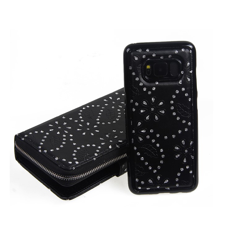 Glittery Flower Leaf Leather Wallet + Detachable TPU Back Case for Samsung Galaxy S8 G950 - Blak-4