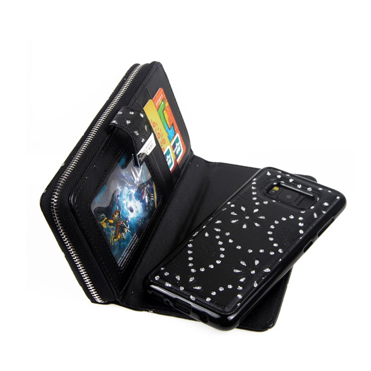 Glittery Flower Leaf Leather Wallet + Detachable TPU Back Case for Samsung Galaxy S8 G950 - Blak-5