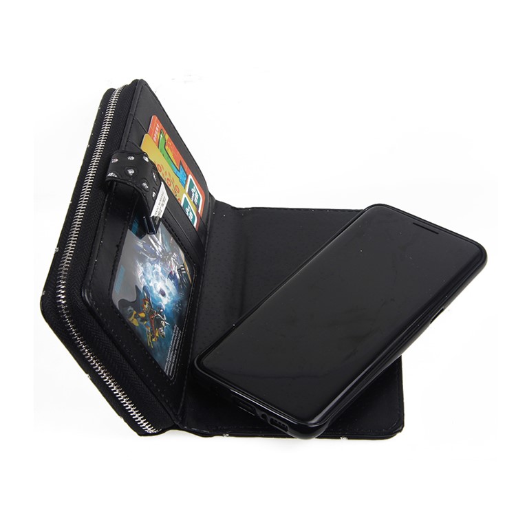 Glittery Flower Leaf Leather Wallet + Detachable TPU Back Case for Samsung Galaxy S8 G950 - Blak-6