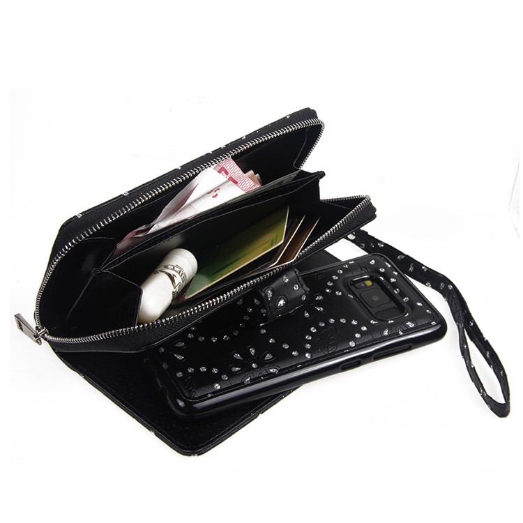 Glittery Flower Leaf Leather Wallet + Detachable TPU Back Case for Samsung Galaxy S8 G950 - Blak-8