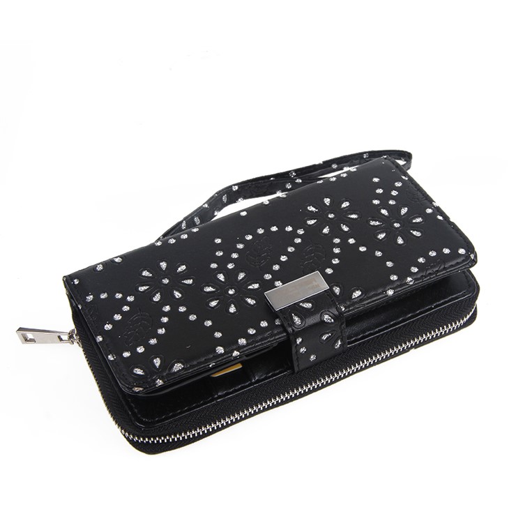 Glittery Flower Leaf Leather Wallet + Detachable TPU Back Case for Samsung Galaxy S8 G950 - Blak-9