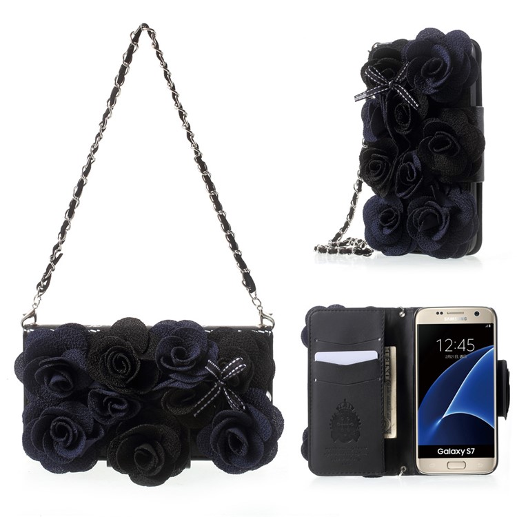 3D Roses Decor Leather Wallet Mobile Phone Case with Lanyard for Samsung Galaxy S7 G930 - Black-1