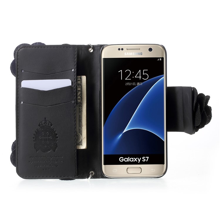 3D Roses Decor Leather Wallet Mobile Phone Case with Lanyard for Samsung Galaxy S7 G930 - Black-6