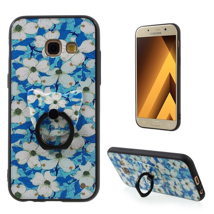 Embossed TPU Plastic Phone Case with Finger Ring Stand for Samsung Galaxy A3 (2017) - White Flowers Blue Background-1