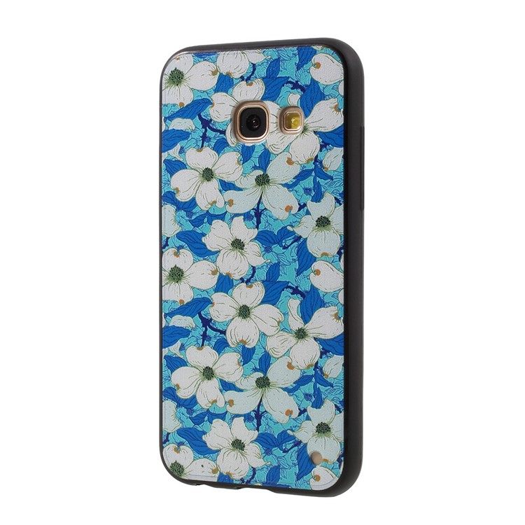Embossed TPU Plastic Phone Case with Finger Ring Stand for Samsung Galaxy A3 (2017) - White Flowers Blue Background-2