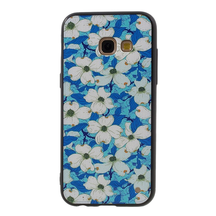 Embossed TPU Plastic Phone Case with Finger Ring Stand for Samsung Galaxy A3 (2017) - White Flowers Blue Background-3