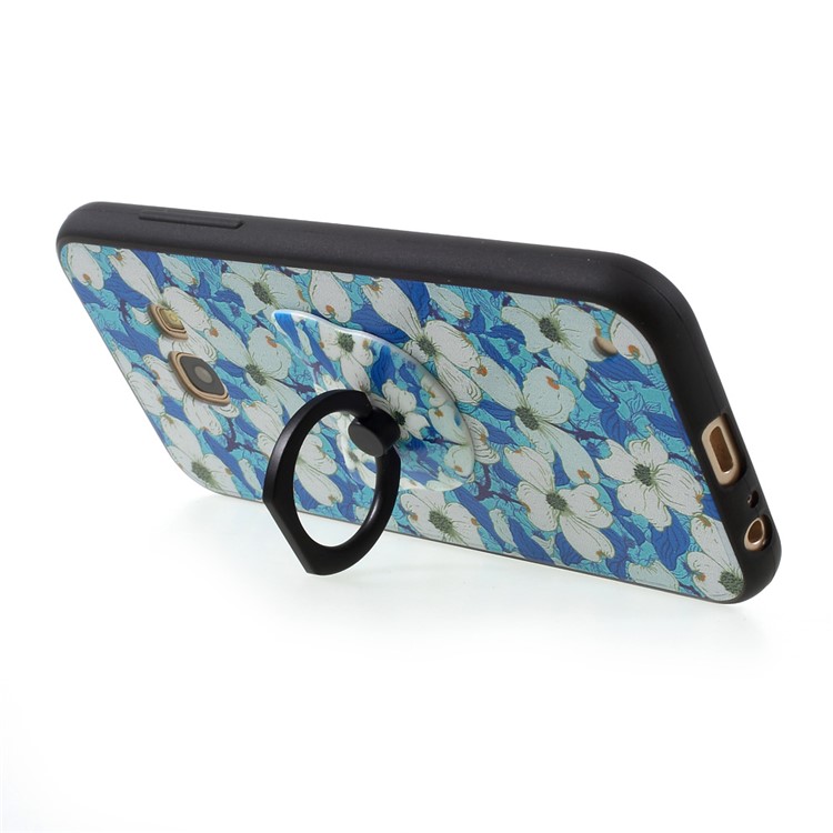 Embossed TPU Plastic Phone Case with Finger Ring Stand for Samsung Galaxy A3 (2017) - White Flowers Blue Background-5
