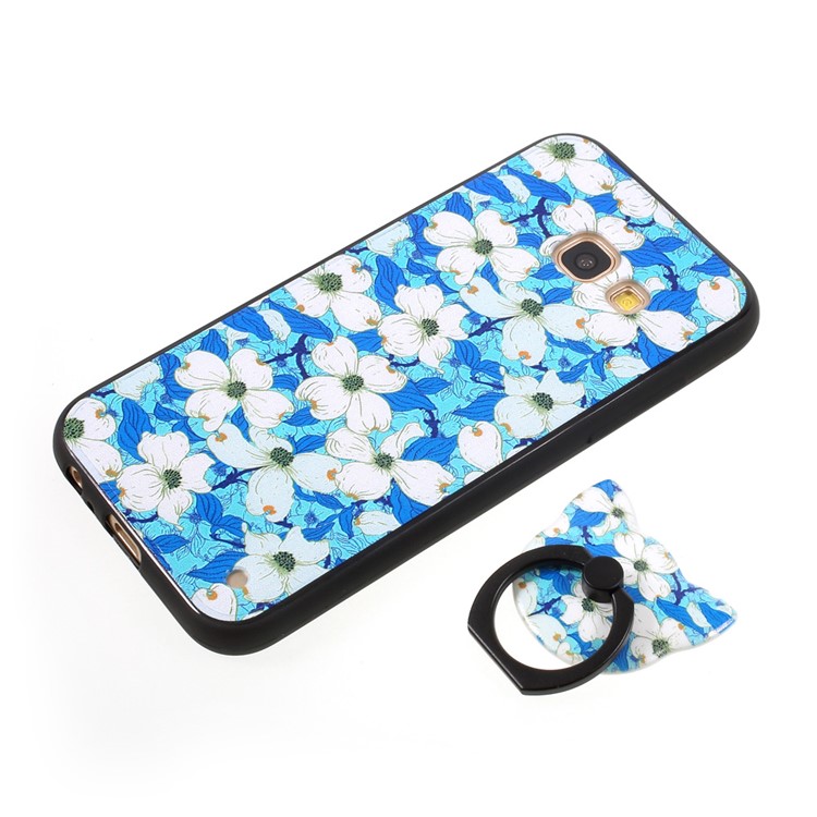 Embossed TPU Plastic Phone Case with Finger Ring Stand for Samsung Galaxy A3 (2017) - White Flowers Blue Background-6