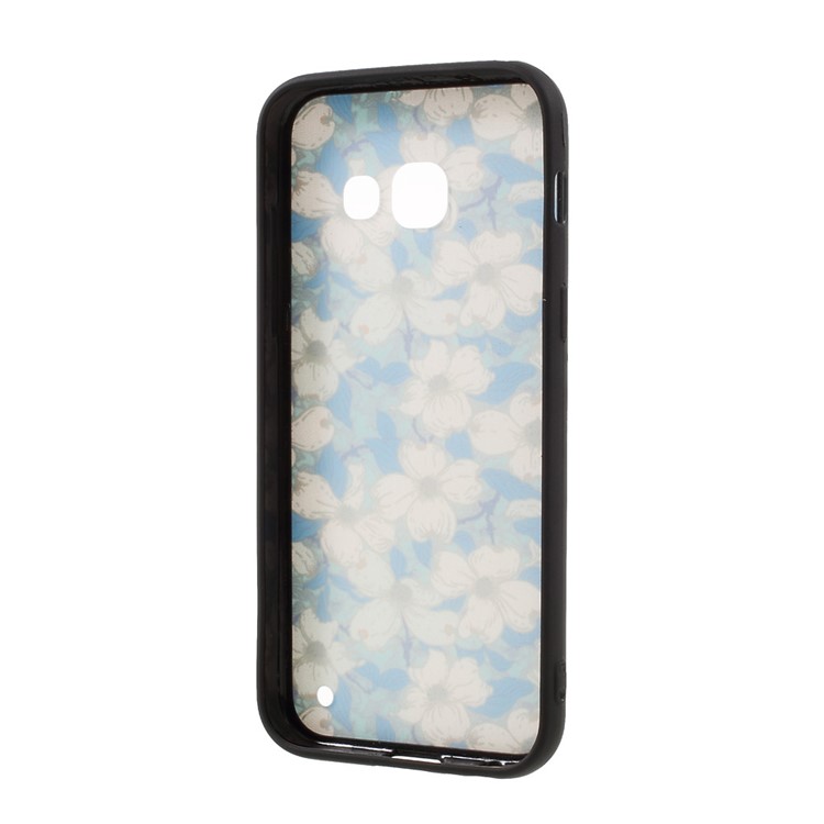 Embossed TPU Plastic Phone Case with Finger Ring Stand for Samsung Galaxy A3 (2017) - White Flowers Blue Background-7