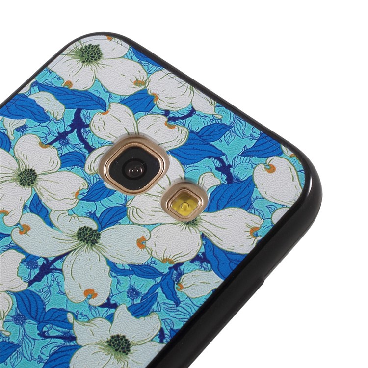 Embossed TPU Plastic Phone Case with Finger Ring Stand for Samsung Galaxy A3 (2017) - White Flowers Blue Background-8