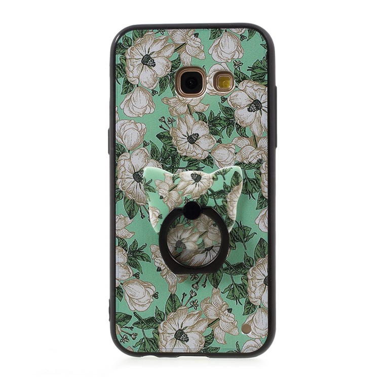 For Samsung Galaxy A3 (2017) TPU + PC Embossment Case with Finger Ring Stand - White Flowers Green Background-1