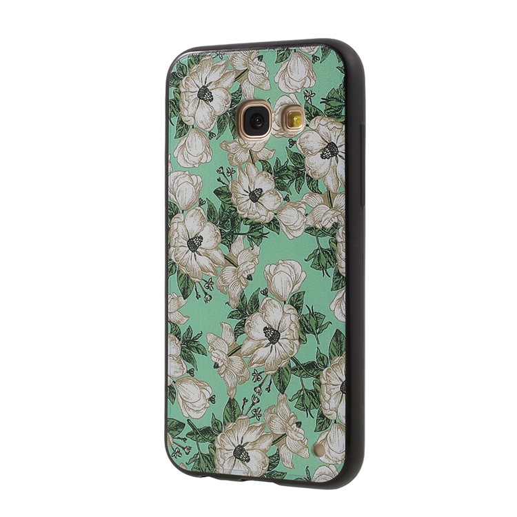 For Samsung Galaxy A3 (2017) TPU + PC Embossment Case with Finger Ring Stand - White Flowers Green Background-2