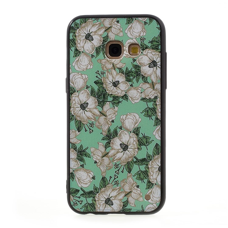 For Samsung Galaxy A3 (2017) TPU + PC Embossment Case with Finger Ring Stand - White Flowers Green Background-3