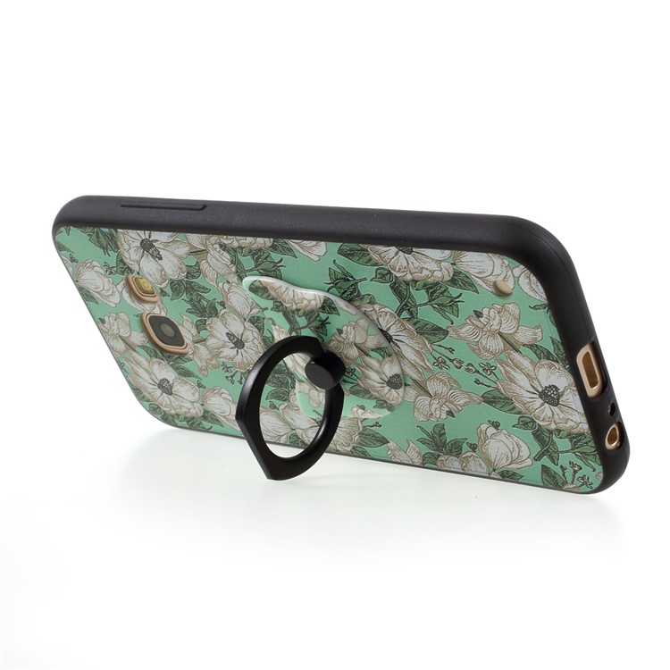 For Samsung Galaxy A3 (2017) TPU + PC Embossment Case with Finger Ring Stand - White Flowers Green Background-5
