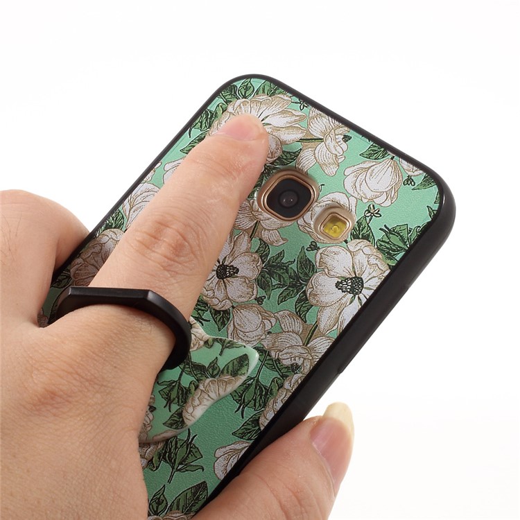 For Samsung Galaxy A3 (2017) TPU + PC Embossment Case with Finger Ring Stand - White Flowers Green Background-7