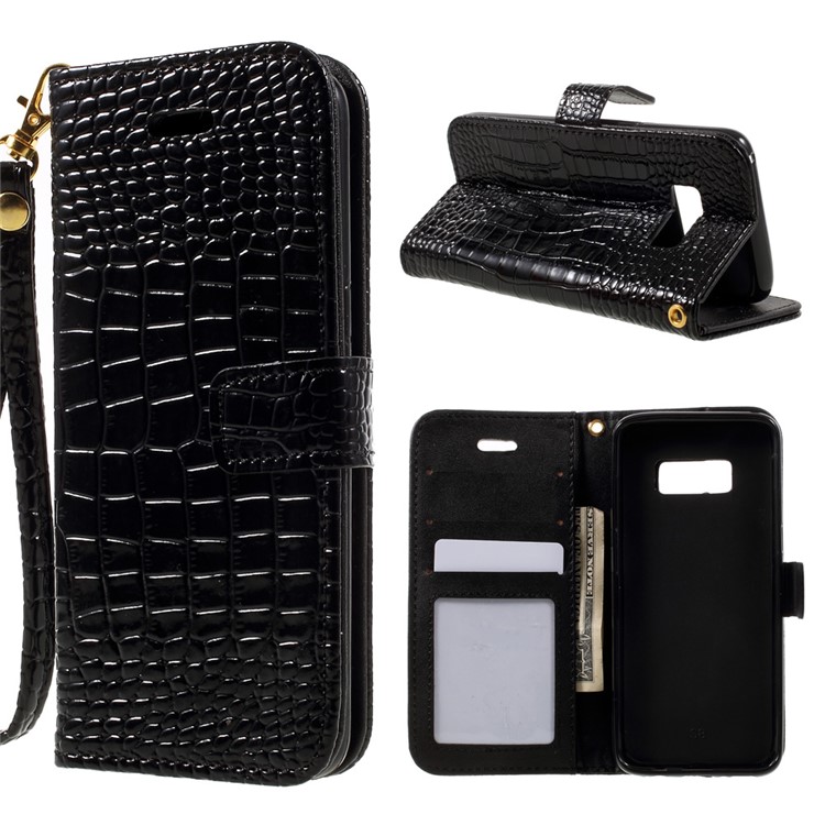 For Samsung Galaxy S8 G950 Crocodile Texture Wallet Leather Stand Case with Wrist Strap - Black-1