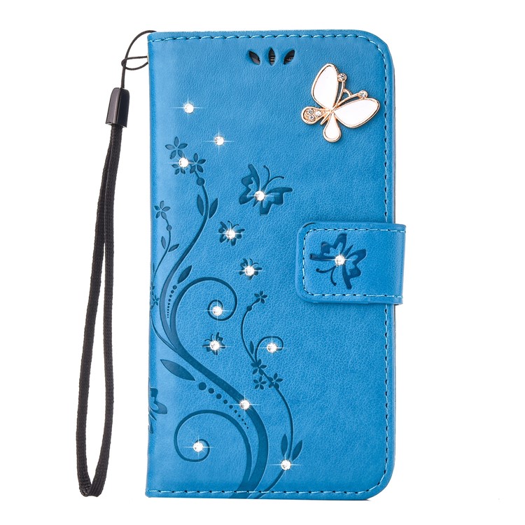 

Imprinted Flower Pattern Rhinestone Leather Wallet Mobile Case for Samsung Galaxy A5 (2017) - Blue