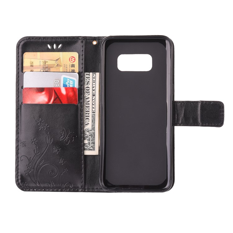 Imprint Flower Rhinestone Wallet Stand Leather Cell Phone Case for Samsung Galaxy S8 - Black-5