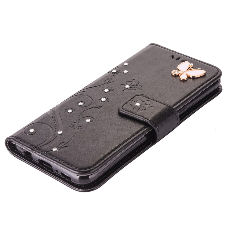 Imprint Flower Rhinestone Wallet Stand Leather Cell Phone Case for Samsung Galaxy S8 - Black-6