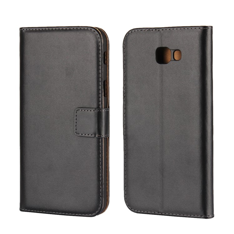 Genuine Split Leather Wallet Case with Stand for Samsung Galaxy A7 (2017)- Black-1