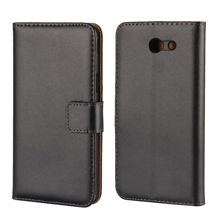 Genuine Split Leather Wallet Stand Protective Case for Samsung Galaxy J3 Emerge/J3 Prime/J3 (2017) - Black-1