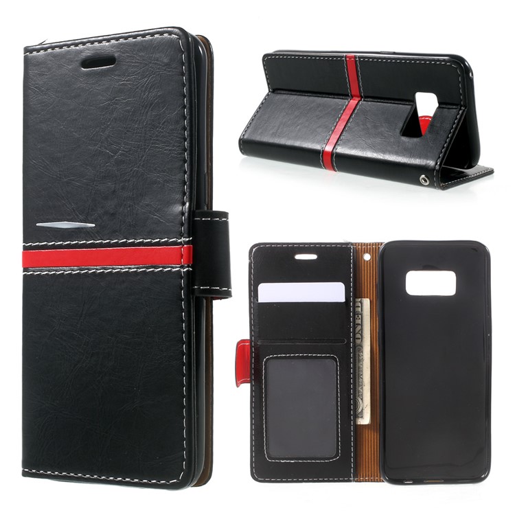 Elegant Series Leather Wallet Stand Case with Strap for Samsung Galaxy S8 SM-G950 - Black-1