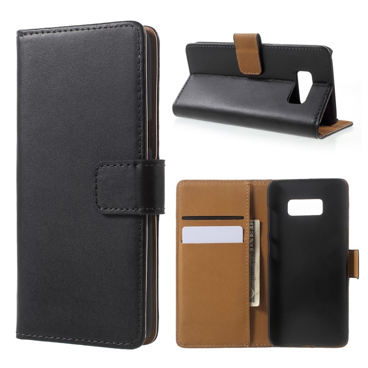 Genuine Split Leather Wallet Stand Phone Case for Samsung Galaxy S8 SM-G950 - Black-1