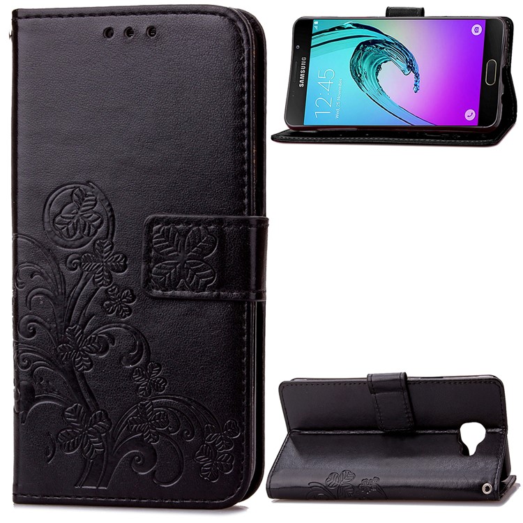 Four-leaf Clover Imprinted Leather Mobile Case with Strap for Samsung Galaxy A3 SM-A310F (2016) - Black-1