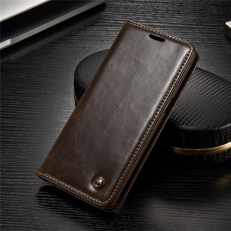 CASEME 003 Series Oil Wax Folio Flip Leather Cover with Stand for Samsung Galaxy S8 - Brown-1