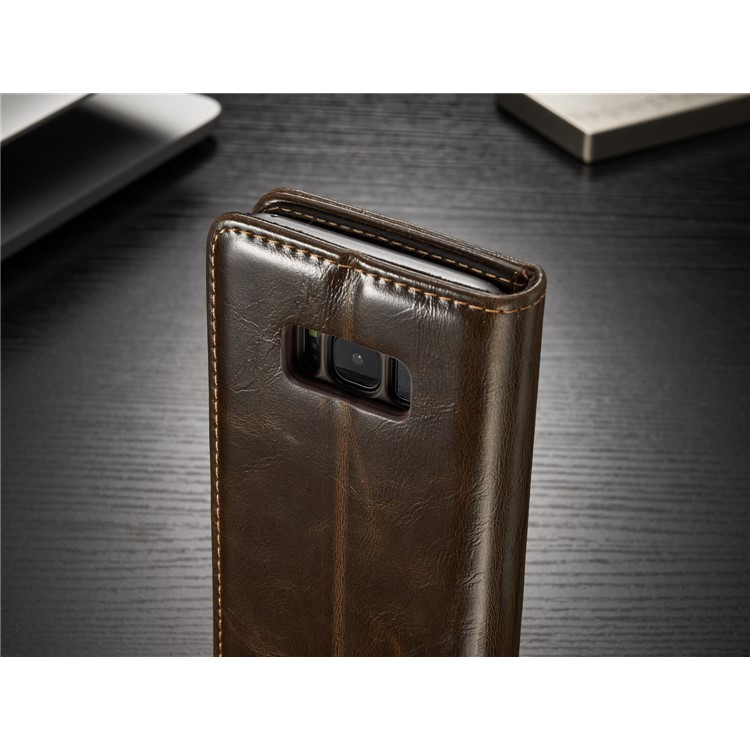 CASEME 003 Series Oil Wax Folio Flip Leather Cover with Stand for Samsung Galaxy S8 - Brown-10