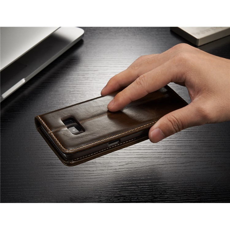 CASEME 003 Series Oil Wax Folio Flip Leather Cover with Stand for Samsung Galaxy S8 - Brown-12