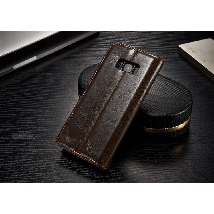 CASEME 003 Series Oil Wax Folio Flip Leather Cover with Stand for Samsung Galaxy S8 - Brown-2
