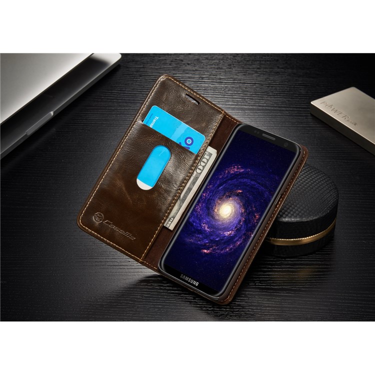 CASEME 003 Series Oil Wax Folio Flip Leather Cover with Stand for Samsung Galaxy S8 - Brown-3