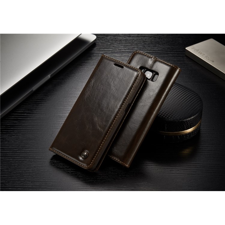 CASEME 003 Series Oil Wax Folio Flip Leather Cover with Stand for Samsung Galaxy S8 - Brown-4