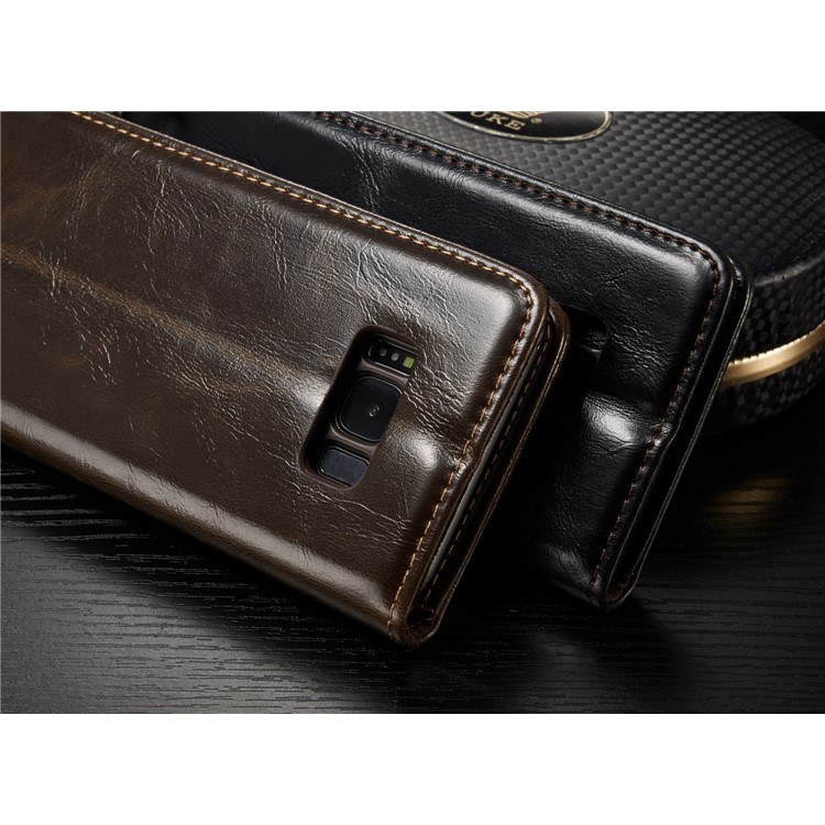 CASEME 003 Series Oil Wax Folio Flip Leather Cover with Stand for Samsung Galaxy S8 - Brown-5