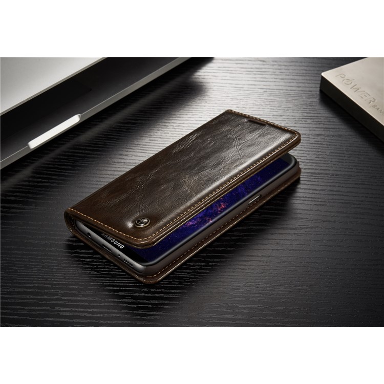 CASEME 003 Series Oil Wax Folio Flip Leather Cover with Stand for Samsung Galaxy S8 - Brown-8