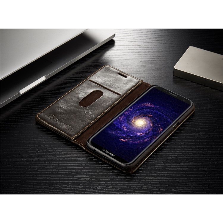 CASEME 003 Series Oil Wax Folio Flip Leather Cover with Stand for Samsung Galaxy S8 - Brown-9