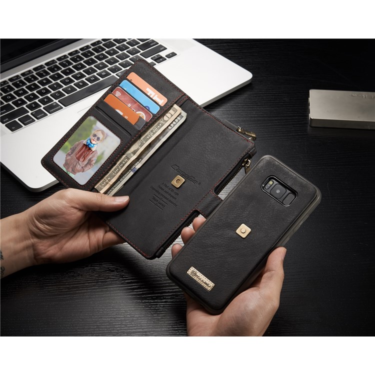 CASEME Detachable 2-in-1 Metal Clip Retro Split Leather Wallet Phone Case for Samsung Galaxy S8 - Black-14