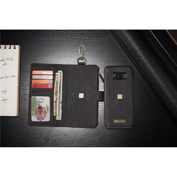 CASEME Detachable 2-in-1 Metal Clip Retro Split Leather Wallet Phone Case for Samsung Galaxy S8 - Black-3