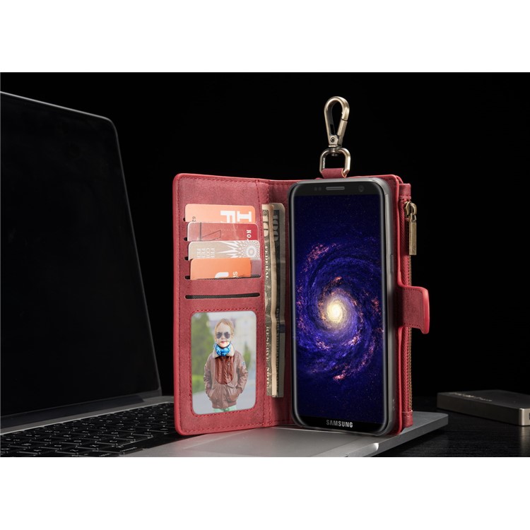 CASEME Detachable 2-in-1 Metal Clip Retro Split Leather Wallet Cover for Samsung Galaxy S8 - Red-11