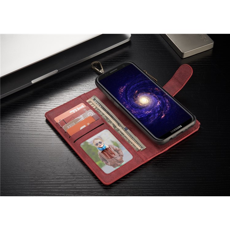 CASEME Detachable 2-in-1 Metal Clip Retro Split Leather Wallet Cover for Samsung Galaxy S8 - Red-12