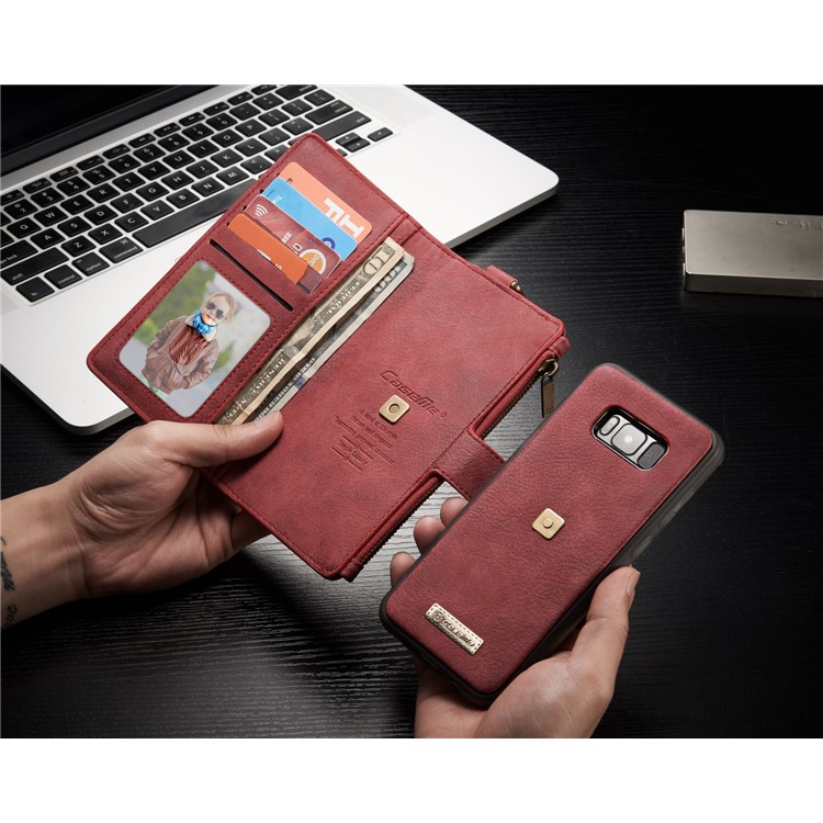 CASEME Detachable 2-in-1 Metal Clip Retro Split Leather Wallet Cover for Samsung Galaxy S8 - Red-13