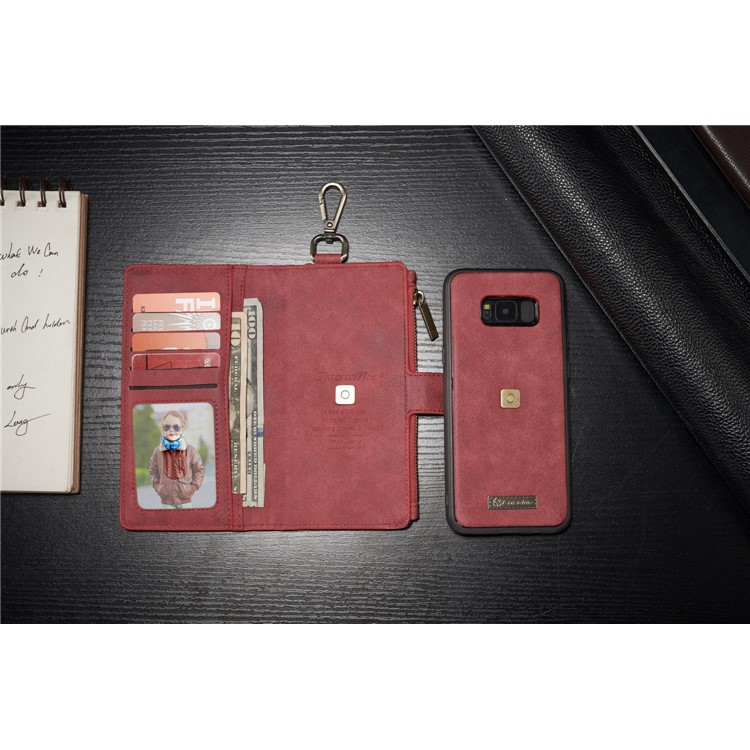 CASEME Detachable 2-in-1 Metal Clip Retro Split Leather Wallet Cover for Samsung Galaxy S8 - Red-3