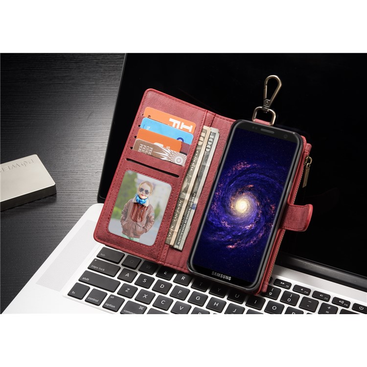 CASEME Detachable 2-in-1 Metal Clip Retro Split Leather Wallet Cover for Samsung Galaxy S8 - Red-6