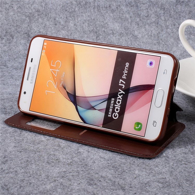 ROAR KOREA Noble View Window Leather Cell Phone Casing for Samsung Galaxy J7 Prime/On7 2016 - Brown-4