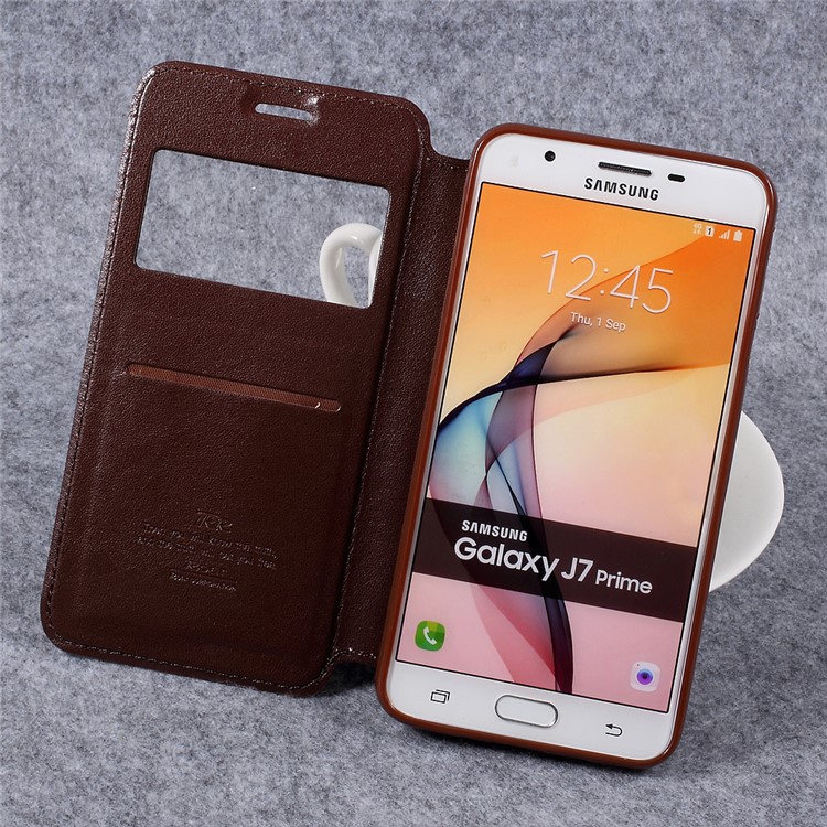 ROAR KOREA Noble View Window Leather Cell Phone Casing for Samsung Galaxy J7 Prime/On7 2016 - Brown-6
