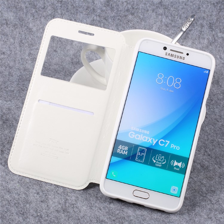 ROAR KOREA Noble Leather View Window Phone Case for Samsung Galaxy C7 Pro - White-6