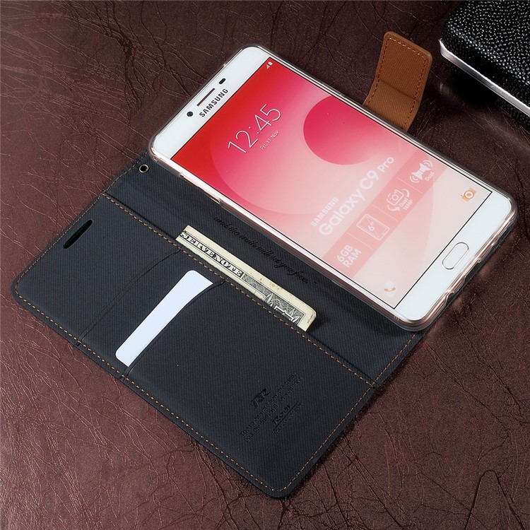 ROAR KOREA Twill Grain PU Leather Wallet Phone Case for Samsung Galaxy C9 Pro - Black-5