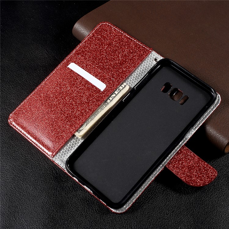 Flash Powder Leather Wallet Stand Cell Phone Case for Samsung Galaxy S8+ SM-G955 - Red-5