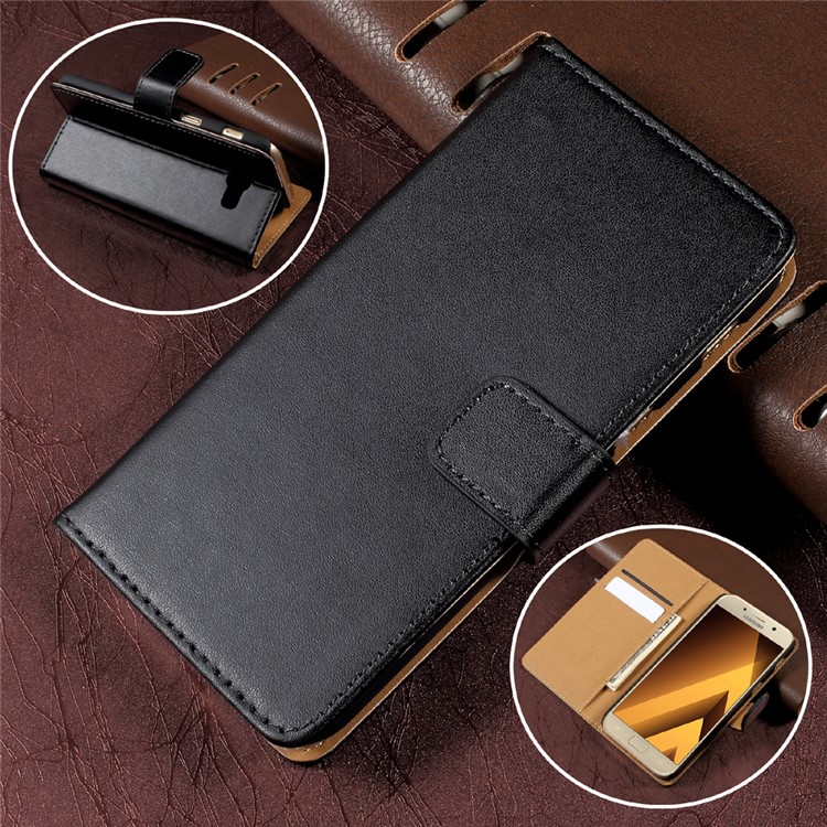 Genuine Split Leather Wallet Mobile Phone Case Stand for Samsung Galaxy A3 (2017) - Black-1